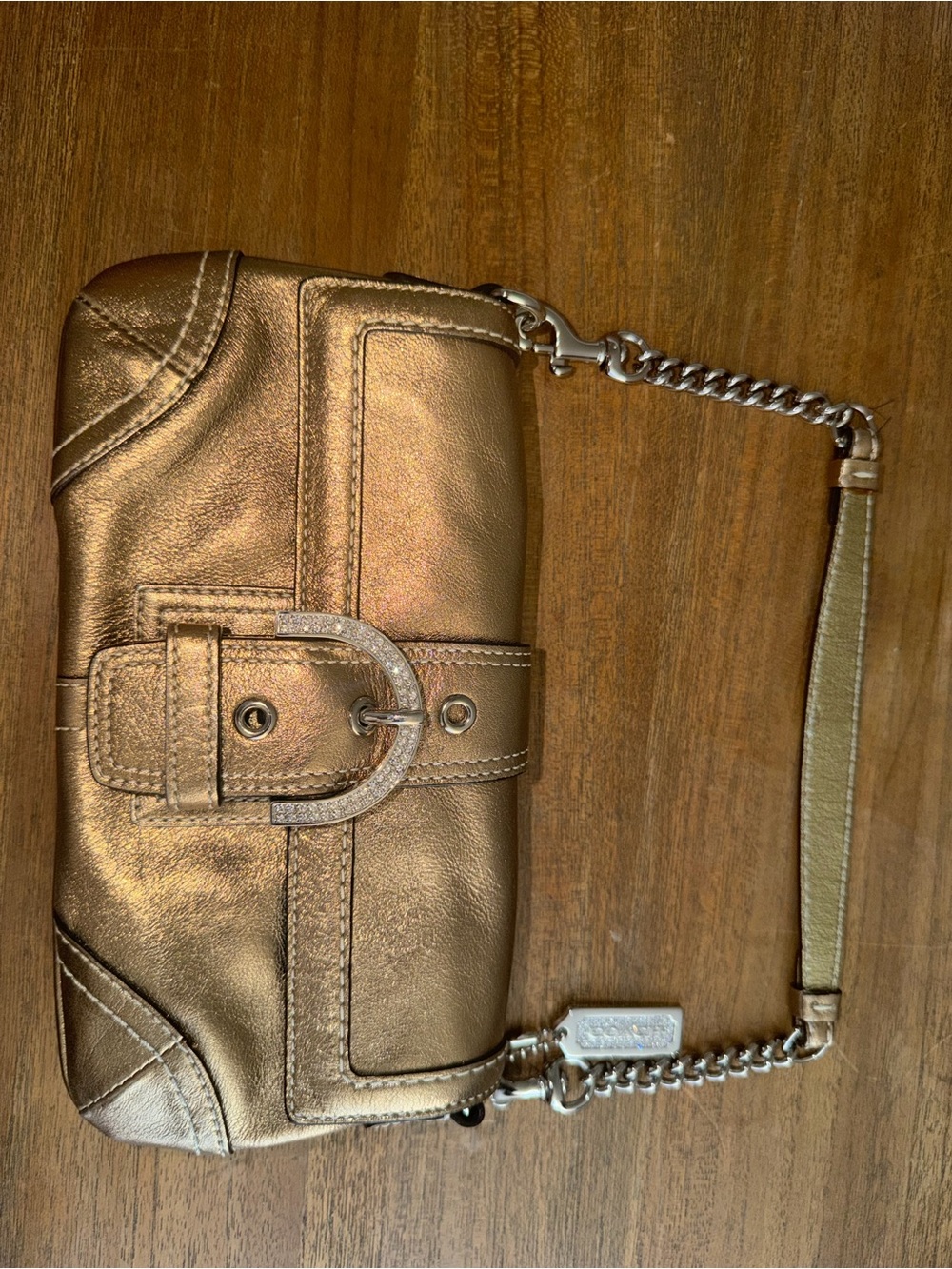 Coach Metallic Bronze Mini Wristlet with Buckle Detail